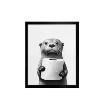 Imagem de Arte de parede de banheiro emoldurada, arte de parede de decoração de banheiro engraçada, impressões de arte de animais de tecido com selo, decoração de parede preto e branco, pintura de impressão em