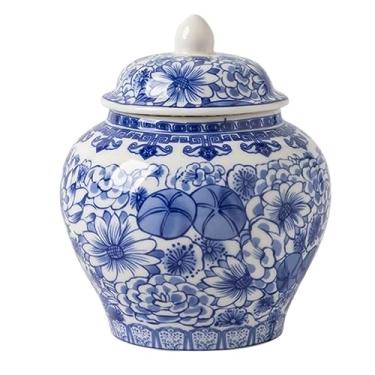 Imagem de ADAOQIN Jarra de gengibre, jarra de gengibre, azul e branco, vasos florais de cerâmica com tampa, potes de templo de porcelana chinesa, pote de armazenamento de chá, vasos decorativos para decoração