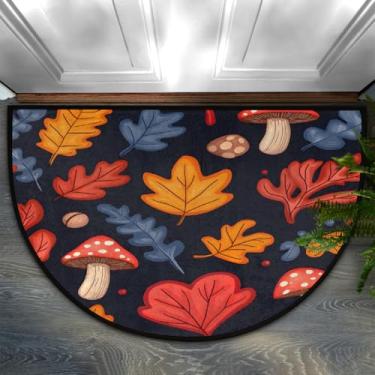 Imagem de Tapete de porta meio redondo, folhas de cogumelos, antiderrapante, absorvente, semicírculo, tapetes laváveis, para ambientes internos e externos, pátio, cozinha, banheiro, entrada, lareira, decoração