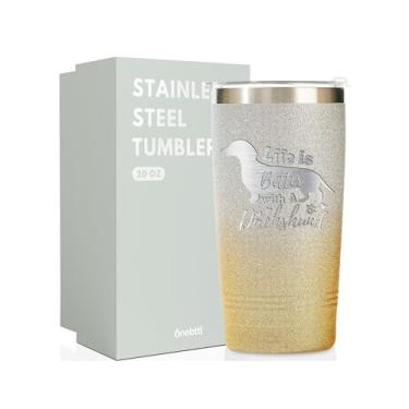 Imagem de Onebttl Presentes Dachshund para mulheres, Life Is Better With A Dachshund, caneca de viagem de aço inoxidável de 590 ml, glitter dourado e prata