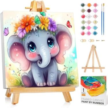 Imagem de Arttoplus Kit de pintura de elefante por números para crianças com moldura, pintura infantil fofa por números de 8 a 12 anos com cavalete de madeira, pintura a óleo de animais DIY fácil por número