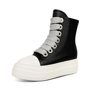 Imagem de IMPREMEY Tênis feminino de cano alto com cadarço de couro sintético com sola grossa e fita áspera com zíper, sapatos de caminhada modernos, Preto, 6