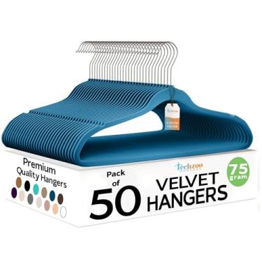 Imagem de Cabide de veludo premium TechZoo, ultrafino, antiderrapante, adulto, poupa espaço, resistente, para armário, casaco/calça/paletó/vestido, gancho com giro 360°, suporta até 4,5 kg (azul, 50 unidades)