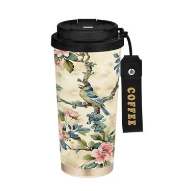 Imagem de SEHANY Caneca de café de viagem Flores e pássaros de 482 g com tampa revestida de cerâmica e à prova de vazamento, parede dupla, copo de aço inoxidável isolado a vácuo para bebidas quentes e frias
