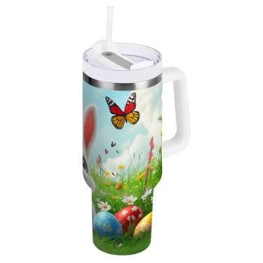 Imagem de ATTX Copo de coelho fofo da Páscoa de 850 g com alça, copo de aço inoxidável a vácuo de parede dupla com palha, caneca de café de viagem isolada #177