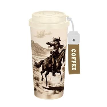 Imagem de SEHANY Caneca de viagem vintage caubói ocidental 482 g xícaras de café reutilizáveis revestidas de cerâmica com tampa à prova de vazamento, parede dupla, isolamento a vácuo, copo de café de aço