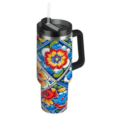 Imagem de Blueangle Copo de cerâmica mexicano de 1,134 g com alça e tampa de palha, caneca de viagem de aço inoxidável isolada a vácuo de parede dupla, garrafa de água reutilizável para academia de escritório