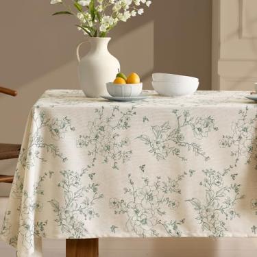 Imagem de OMMATO Toalha de mesa floral francesa, retangular, de linho, com estampa de flores verdes, serapilheira, texturizada, vintage, rústica, capa de mesa para piquenique, jantar, festa, decoração de casa