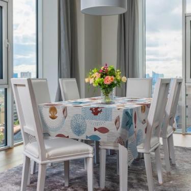 Imagem de Toalha de Mesa Plástica Térmica Impermeável para 4 6 e 8 Lugares Toalha Retangular Antiderramamento para Cozinha e Sala (OCEANO,8 Lugares)