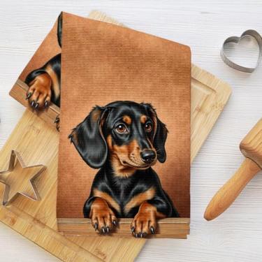 Imagem de Toalhas de cozinha fofas de dachshund, toalha de prato de microfibra absorvente decorativa de cachorro rústica, toalha de chá, toalhas de mão de trama de waffle para casa de banho, cozinha, presentes