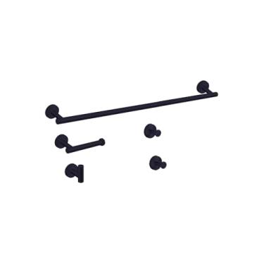 Imagem de Kit Acessórios para Banheiro 5 Peças, Polipropileno, Preto, Saboneteira, Porta-Toalha Argola, Porta-Toalhas Gancho, Suporte Papel Higiênico