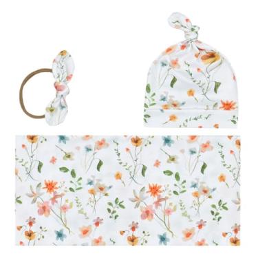 Imagem de BxuanW Conjunto de chapéu de faixa de cabeça para recém-nascidos com estampa de bebê menina cobertor recém-nascido hospital roupa de banho infantil presente 0-3 meses (flores da primavera)