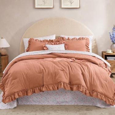 Imagem de BLOOMHAVEN Conjunto de edredom completo - 7 peças de cama de outono com babados, cama de fazenda chique gasto em uma bolsa completa com edredom de babados, lençóis florais, fronhas e fronhas