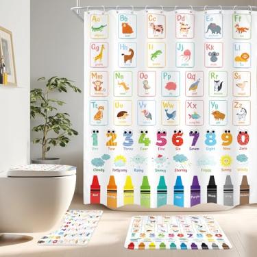 Imagem de Cinbloo Conjunto de 4 peças de cortina de chuveiro infantil alfabeto ABC, desenho animado fofo animal colorido cortina de banheiro educacional com tapete, capa de tampa de vaso sanitário, tapete de