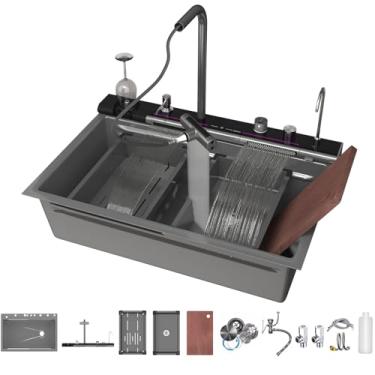 Imagem de Pia de cozinha SDGRP de aço inoxidável 304, cuba única, pia de cachoeira dupla, com limpador de copos, torneira purificadora de água, dispensador de detergente, pia inteligente (84 x 56 cm)