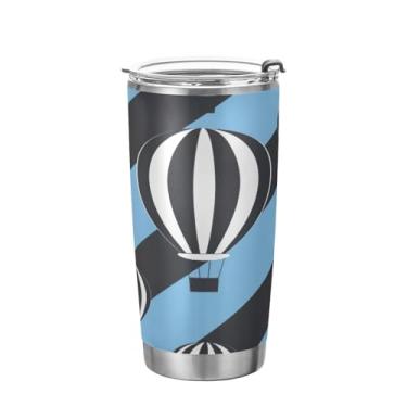 Imagem de Kigai Copo de aço inoxidável com balão de ar quente listrado 590 ml, copo de café isolado com tampa e canudo, caneca de café de viagem de parede dupla para bebidas quentes e frias