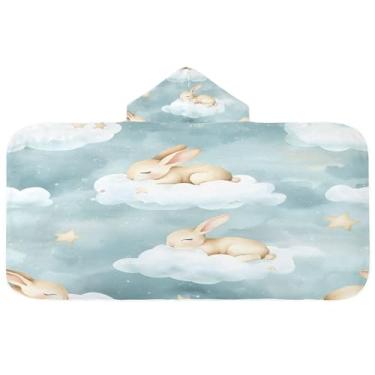 Imagem de Burbuja Coelhos dormindo nas nuvens toalha de banho com capuz para crianças, toalha de praia de pelúcia macia absorvente para meninas e meninos 3-10 anos, 61 x 127 cm