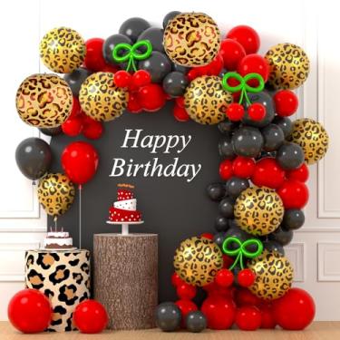 Imagem de Kit de arco de balão com estampa de chita preta e vermelha, guirlanda de balões pretos e marrons com balões de folha com estampa de cereja e chita para decorações de festa de aniversário selvagem na