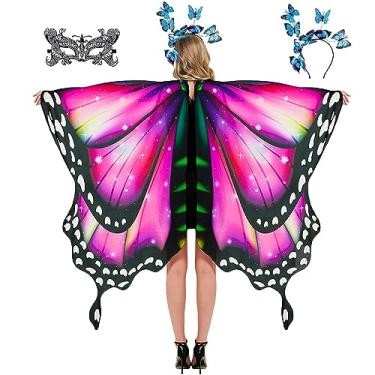 Imagem de Fantasia feminina de asas de borboleta para adultos, fantasia de Dia das Bruxas, capa de borboleta com máscara e faixa de cabeça, Vermelho - 01, One size fits all