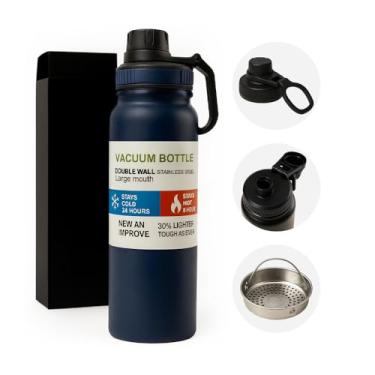 Imagem de Garrafa de Água Térmica Inox Com 800ml Squeeze Academia Esportiva Quente e Frio Escritório (Azul Marinho)