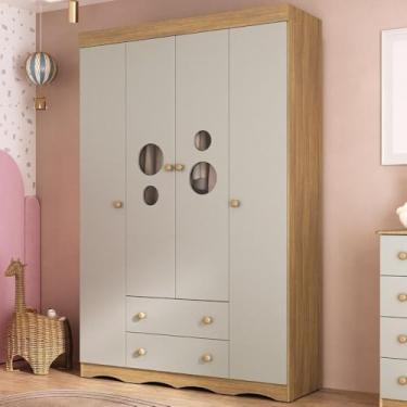 Imagem de Guarda-roupa Infantil 122cm com Vidro 4 Portas e 2 Gavetas Sonho Multimóveis Mp4473 Madeirado/off White