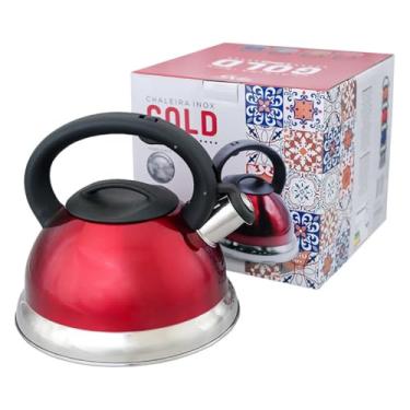Imagem de Chaleira em Inox com Apito – Fundo Duplo e Compatível com Indução - Vermelha