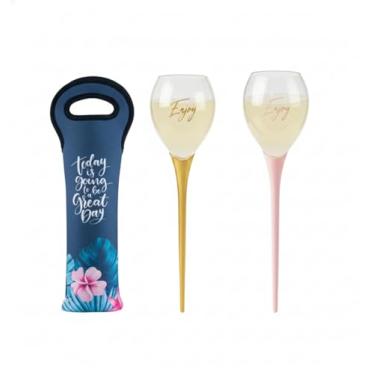 Imagem de Kit 2 Taças Praia Wine on The Beach + Bolsa para Vinho Neoprene – Estaca para Areia – 520ml – Transporte Seguro – Ideal Praia, Pôr do Sol e Passeios (Rosa e Dourado, Bolsa para Vinho Great Day)