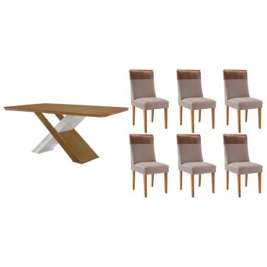 Imagem de Sala Jantar Mesa Imperatriz Tampo Curvo 180cm+6 Cadeiras Jaspe Madeira Naturale/Off White - Capuccino/Linho Capuccino - Rufato