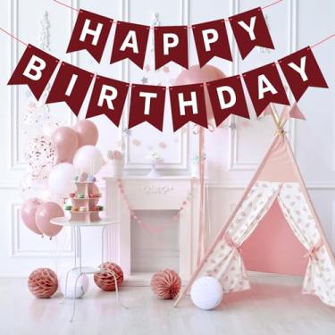 Imagem de Banner de feliz aniversário bordô para pano de fundo, decorações de festa de aniversário bordô para mulheres, faixa de festa, parede, varanda, porta, guirlanda pendurada