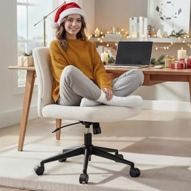 Imagem de NYPOT Cadeira cruzada com rodas – Cadeira de escritório larga sem braços para sentar com pernas cruzadas, vaidade ajustável giratória de 360° e balanço de 120° para casa e escritório (com rodas, nuvem