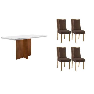 Imagem de Conjunto Sala de Jantar Berlim c/ Tampo Madeirado c/ Vidro Canto Curvo 120x80cm e 4 Cadeiras Tilia Madeira Maciça Naturale/Off White - Capuccino/Suede