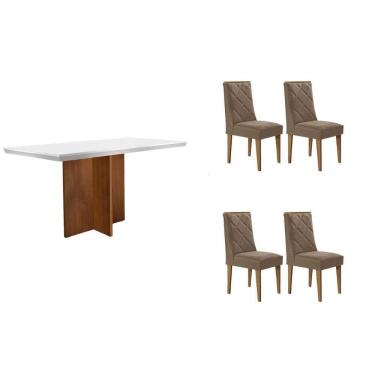 Imagem de Conjunto Sala de Jantar Berlim c/ Tampo Madeirado c/ Vidro Canto Curvo 120x80cm e 4 Cadeiras Pietá Madeira Maciça Naturale/Off White - Capuccino/Coran
