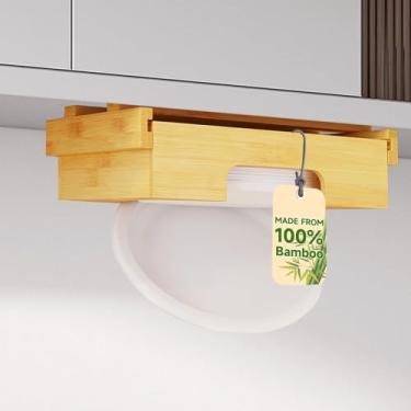 Imagem de Dispensador de pratos de papel sob o armário - Dispensador de pratos de papel de bambu de 25,4 cm, suporte vertical para balcão de cozinha, organizador de bancada (25,4 cm natural)