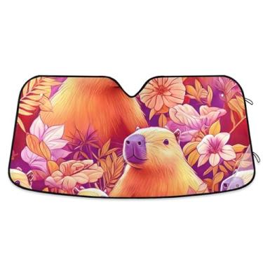 Imagem de Guarda-sol floral de capivaras fofas de desenhos animados personalizados para para-brisa de carro, dobrável, universal para caminhão protetor de carro para janelas dianteiras S, 134,6 cm x 59,7 cm