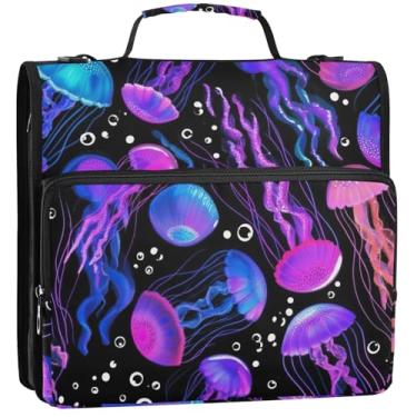 Imagem de Pasta organizadora com zíper, água-viva, roxa, 3 anéis, 3 argolas, bolsa de fichários escolares engraçados, resistente, com alça de ombro, estojo de armazenamento com alça, 34,5 x 31,5 x 9 cm