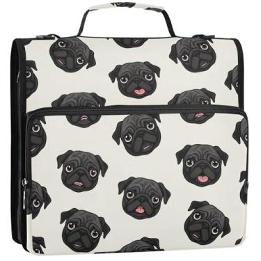 Imagem de Organizador de fichário grande com zíper de 3 cm para fichários de 3 anéis pug preto fofo fofo pasta de armazenamento curioso com alça de pasta escolar com alça de ombro, 34,5 x 31,5 x 8,9 cm