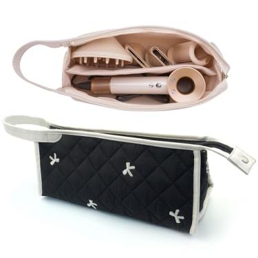 Imagem de Estojo de viagem acolchoado, bolsa de armazenamento floral de algodão para secador de cabelo e acessórios, organizador portátil bonito com alça (preto)