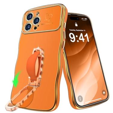 Imagem de Miss Arts Capa para iPhone 16 Pro Max com suporte, capa de telefone de borda ondulada com alça de dedo, capa protetora feminina de luxo fofa fina para 16 Pro Max, laranja