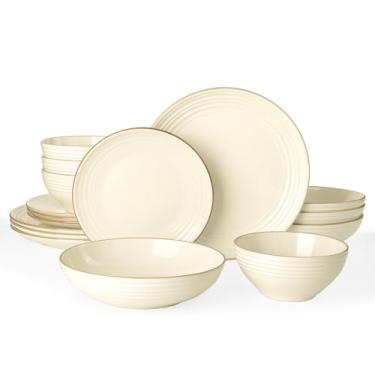 Imagem de Famiware Jupiter Conjunto de louça com tigela de macarrão, pratos e tigelas duplas, conjuntos de pratos para 4 (16 peças), utensílios de mesa de grés para micro-ondas e lava-louças, resistente a