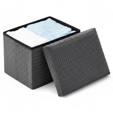 Imagem de Thyle Otomano decorativo de armazenamento com pequeno banco de descanso para os pés sob a mesa, apoio para os pés, pano de veludo cotelê, 40 x 30 x 30 cm (cinza)