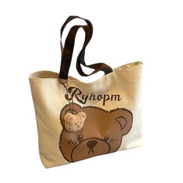 Imagem de RYZGOJV Sacola grande de lona de algodão super forte, bolsa de pano reutilizável para compras de supermercado, sacola elegante para mulheres - urso cáqui