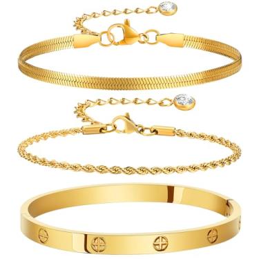 Imagem de Pulseiras de ouro 18 quilates para mulheres, pulseiras de aço inoxidável banhado a ouro real 18 K com zircônia cúbica 5A, pulseiras de amor da amizade, joias presentes para mulheres, S/M, Zircônia
