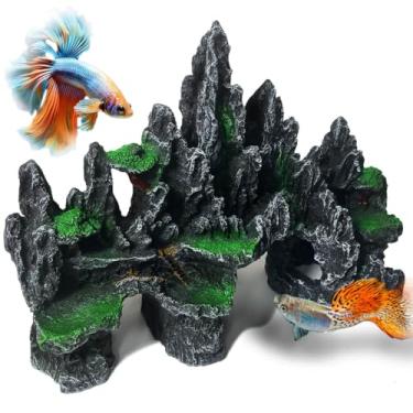 Imagem de GOLOMOZ Decoração de aquário grande – Decoração de rocha realista com casa de aquário, cavernas, esconderijos, refúgio, abrigo para Betta, aquário dourado, ornamento de aquário de peixes, paisagem de