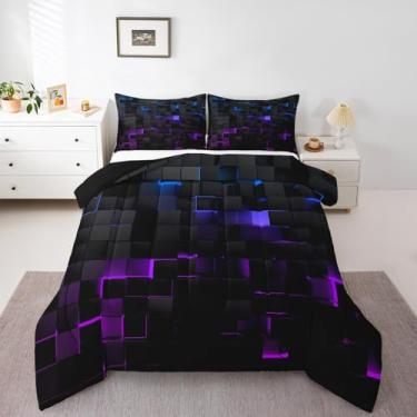 Imagem de Erosebridal Conjunto de edredom Queen geométrico para crianças, meninos, neon, ombré, quadriculado, roxo, azul, quadriculado, edredom para adultos e homens, 3 peças