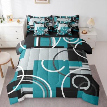 Imagem de Erosebridal Conjunto de edredom moderno de 7 peças, decoração turquesa, cama de casal em uma bolsa, círculos geométricos, para adolescentes e adultos, preto, cinza, listrado, redemoinhos, lençol com