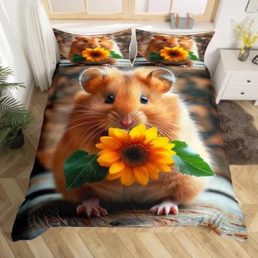 Imagem de Jogo de cama de hamster tamanho casal, conjunto de capa de edredom de girassol marrom e rato para decoração de quarto de crianças, meninos e meninas, capa de edredom com estampa de animal de estimação