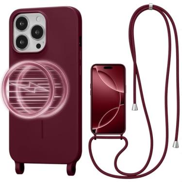 Imagem de UCASONG Capa transversal magnética para iPhone 16 Pro Max de 6,9 polegadas, capa de silicone líquido com alça ajustável no pescoço no ombro, [compatível com MagSafe] capa protetora de telefone à prova