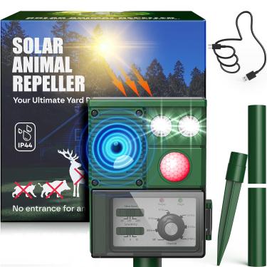 Imagem de Vsyt Repelente solar ultrassônico de animais, repelente de gatos ao ar livre, repelente de esquilo, dispositivos repelentes de cervos, cão, guaxinim, coelho, roedor, coiote, impermeável IP 65, sensor
