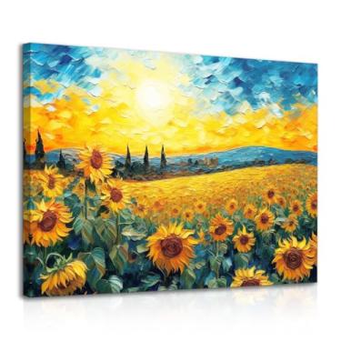 Imagem de Dazzlewall Pôster de parede emoldurado de girassol moderno com flor nascer do sol pintura a óleo pôster de parede para quarto sala de estar 40,6 x 30,48 cm
