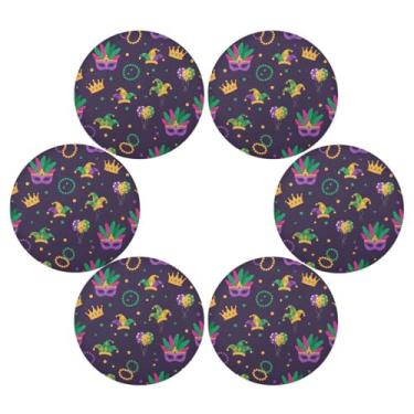 Imagem de Wassud Jogo americano conjunto de 6 tapetes de mesa redondos com tema de festa de carnaval para cozinha e jantar tapetes laváveis resistentes ao calor para decoração de mesa 39 cm